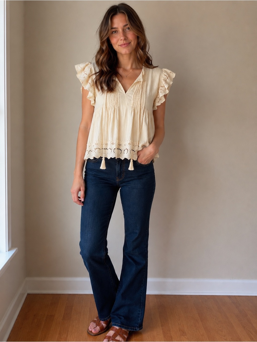 Boho Cream Eyelet Flutter-Sleeve Top Size L